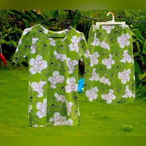 Hand made in Hawaii, Green Hibiscus print shirt and skirt set